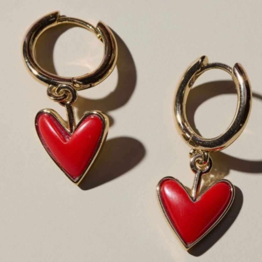 *NEW*Nickel & Suede Red Coral Heart Huggie Gold Hoop Dangle Earrings